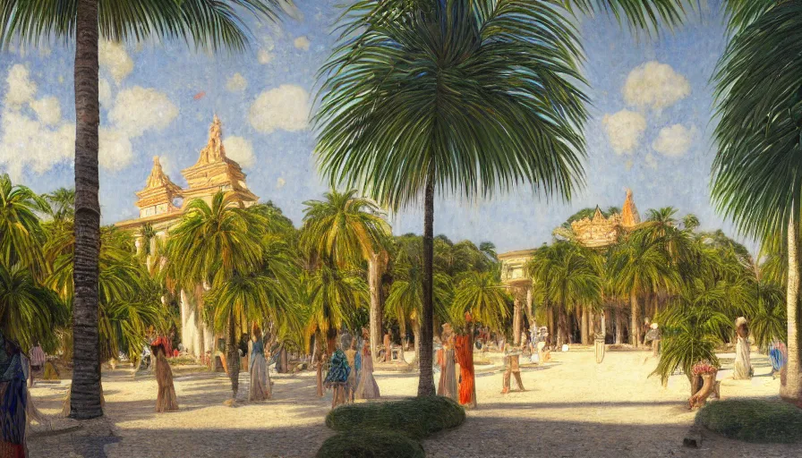 Image similar to a ultradetailed beautiful painting of the amazonas palace balustrade designed by jules bastien - lepage, tarsila do amaral, frank weston and gustave baumann, beach, trending on artstation, mediterranean, palm trees, sharp focus, colorful refracted sparkles and lines, soft light, 8 k 4 k