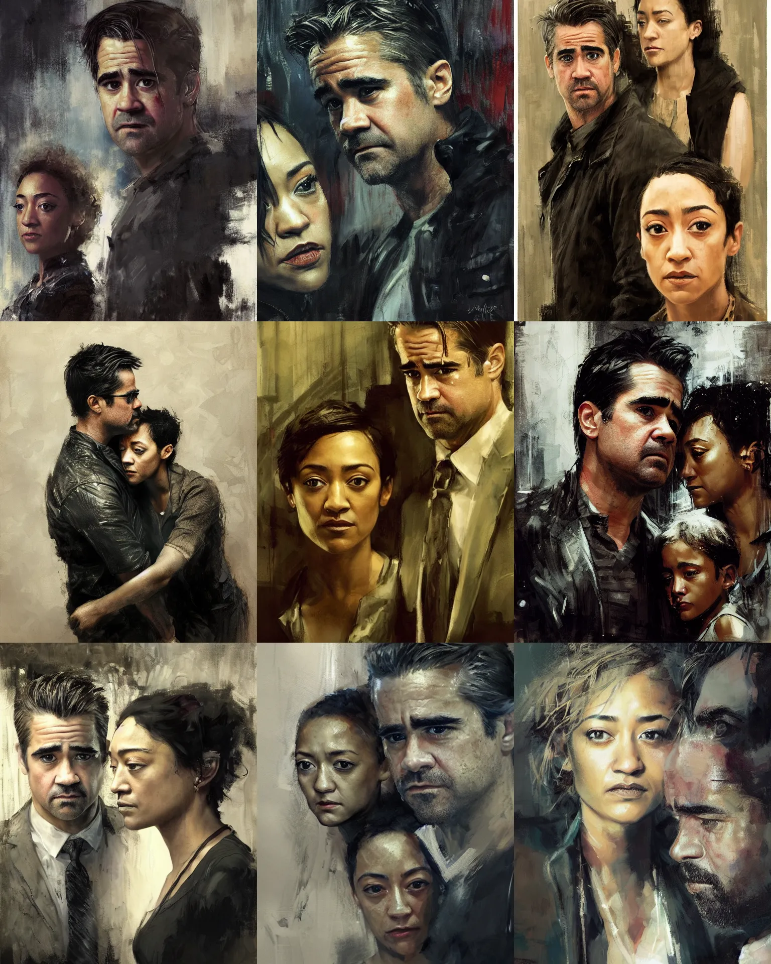 Prompt: family, colin farrell and ruth negga, detailed face, highly detailed, by jeremy mann