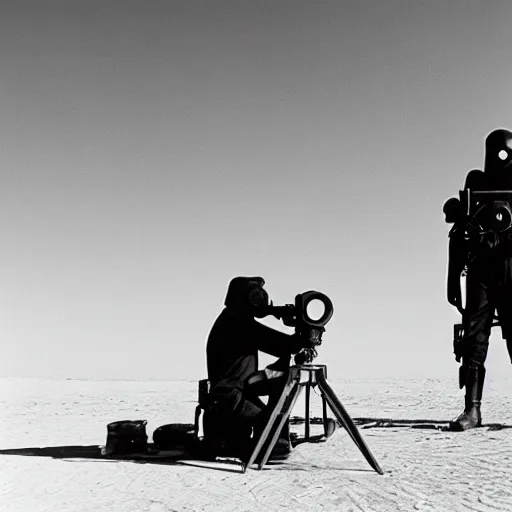 Image similar to a man wearing a gasmask, heavily equipped, in the desert, film still, arriflex 35