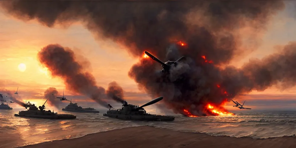 Prompt: the normandy!!!!! landings, d - day, 1 9 4 5, sunset, chaos!!!, smoke, fire, soldiers charging in, airplanes bombing the beach, destroyed tanks, highly detailed, wide shot, sadness, cinematic, ultra realistic!!!, ray tracing, by greg rutkowski