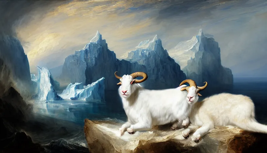Image similar to highly detailed painting of white giant chimera goat cats with large feathered wings on a blue and white iceberg by william turner, by greg rutkowski, by william constable, thick brush strokes and visible paint layers, 4 k resolution