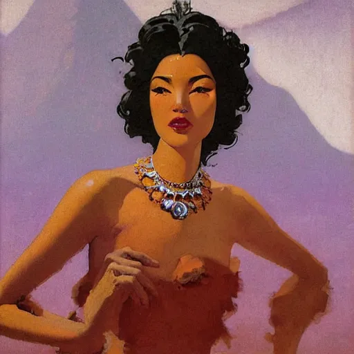 Prompt: a oil painting of a fair skin with dark curly stylised hair queen wearing dress, by hans emmenegger, by bruce pennington, by eyvind earle, by nicholas roerich, by frank frazetta, by georgia o keeffe, by dean cornwell, highly detailed, realistic, concept art, jewels, tiles curtains, oriental, desaturated