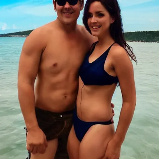 Image similar to photo of a 4 0 year old man that looks young for his age dating a very attractive 2 2 year old woman wearing a bikini.