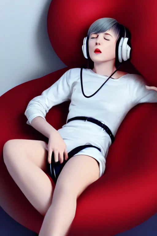 Image similar to a cute young woman lying in a ball chair while listening to music with her eyes closed and wearing headphones by Ilya Kuvshinov and Range Murata, white bob cut hair, red and white, cozy setting, soft lighting, atmospheric, cinematic, moody, digital painting, Krenz Cushart, Eero Aarnio, 8k