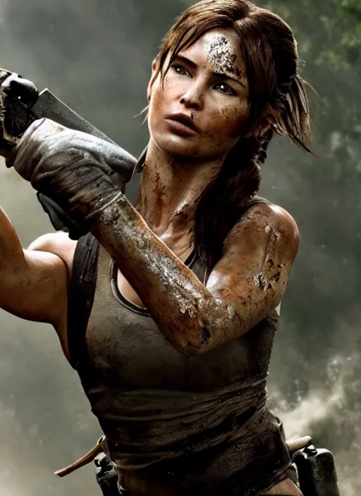 Prompt: a film still of lara croft as ninja, her face muddy and sweat, direct sun light, close up potrait, sharp and detail, cinematic,