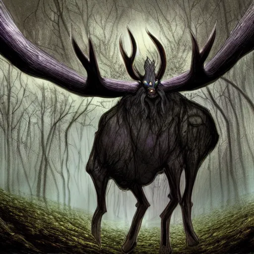 Image similar to the soul thief, dark forest, fantasy world, mystical physique with antlers, wide shot view