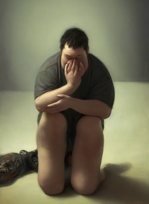 Prompt: insanely detailed chiaroscuro image of a sleepy - looking chubby casually - dressed tired programmer guy on his knees facing his glowing ultrawide monitor monitor begging it for forgiveness, oil on canvas, masterwork, fine detail, trending on artstation, emotive, insanely compelling, ryden, koons, moebius