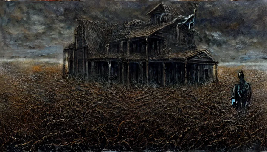 Prompt: a dark wizar in the field black wheat, rotting, blood, night, death, fear, horror, religion, hyperrealism, detailed and intricate environment, by giger, by greg rutkowski