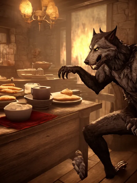 Prompt: cute handsome cuddly burly surly relaxed calm timid werewolf from van helsing sitting down at the breakfast table in the kitchen of a normal country home cooking having fun baking strawberry tart cakes unreal engine hyperreallistic render 8k character concept art masterpiece screenshot from the video game the Elder Scrolls V: Skyrim