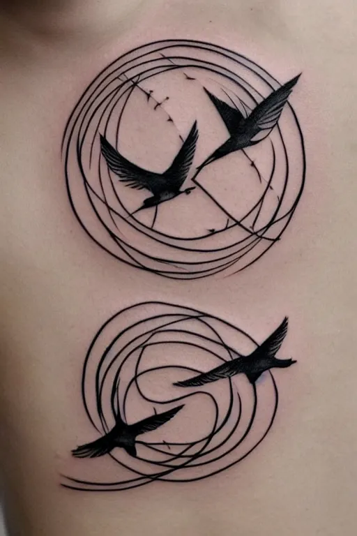 Image similar to a beautiful tattoo design of minimalist swallows flying into spherical lines and simple basic shapes, black ink, abstract logo, line art