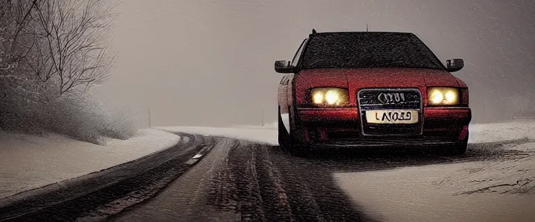 Image similar to Audi A4 B6 Avant (2002), a gritty neo-noir, dramatic bright lighting, cinematic, establishing shot, extremely high detail, photorealistic, cinematic lighting, artstation, by simon stalenhag, Snowy italian road, Snowy Apennines, At night, Poets of the Fall - Late Goodbye