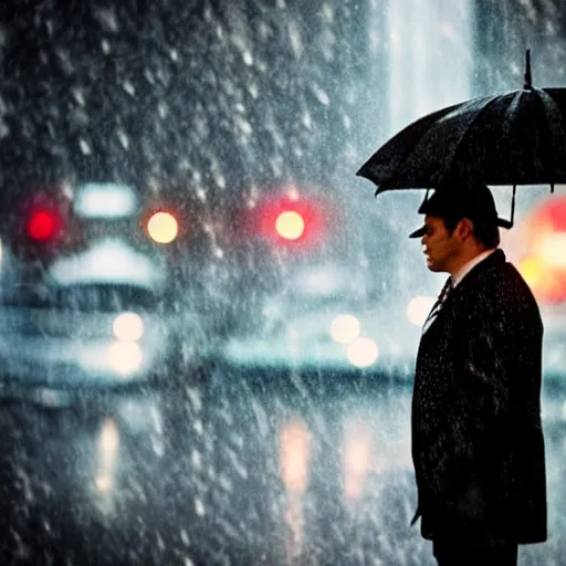 Prompt: noir detective with rain in the background bokeh