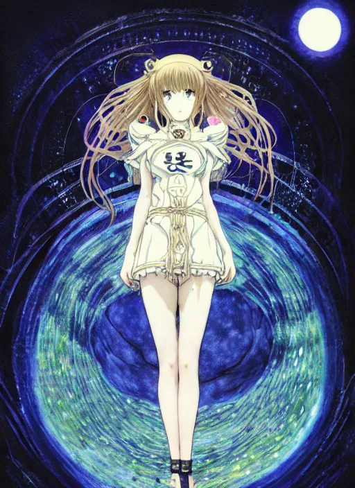 Prompt: full body portrait of the moon priestess, enchanted, dark, concept art, Kyoto animation,last exile, blue submarine no. 6, katsura masakazu,tsutomu nihei, gustav klimt,loish, murata range, kawaii, studio lighting, manga, bright colors, anime,beautiful, 35mm lens,noir, vibrant high contrast, gradation, jean giraud, moebius, fantasy, rule of thirds, unreal engine, fibonacci, intricate, cel shaded, blender npr, flat, matte print, smooth, Ilya Kuvshinov