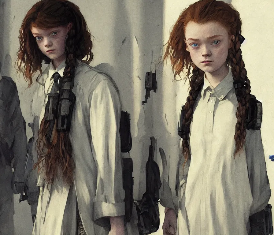 Prompt: sadie sink dressed as poor student in school uniform : costume concept for a scifi cyberpunk film. by greg rutkowski, john j. park, jason chan, noah bradley, feng zhu, gintas galvanauskas, gustave courbet, rosa bonheur, edward hopper. sharp focus, cinematic atmosphere, detailed and intricate, perfect anatomy