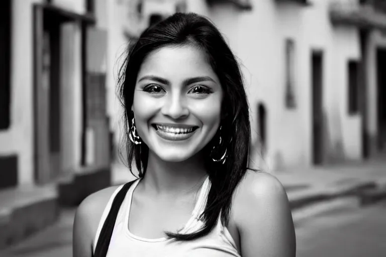 Prompt: still photo of a beautiful mexican woman smiling at the camera on the street, black and white color aesthetic, highly detailed, photorealistic portrait, bright studio setting, studio lighting, crisp quality and light reflections, unreal engine 5 quality render