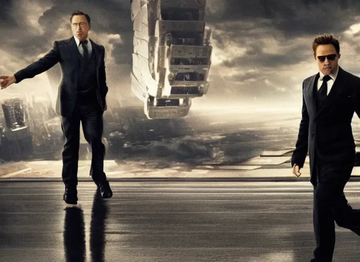 Image similar to film still of Robert Downey Jr as Cobb with the world bending in on itself in the background in Inception, 4k