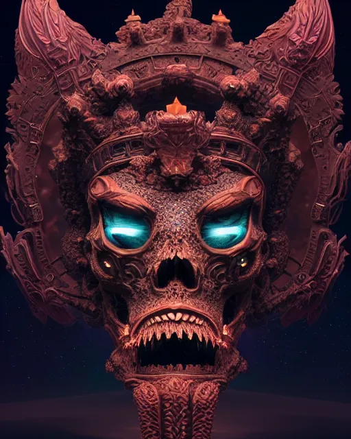 Image similar to 3 d ornate carved dark cosmic king with profile portrait, sigma 5 0 0 mm f / 5. beautiful intricate highly detailed quetzalcoatl skull. bioluminescent, plasma, lava, ice, water, wind, creature, thunderstorm! artwork by tooth wu and wlop and beeple and greg rutkowski, 8 k trending on artstation