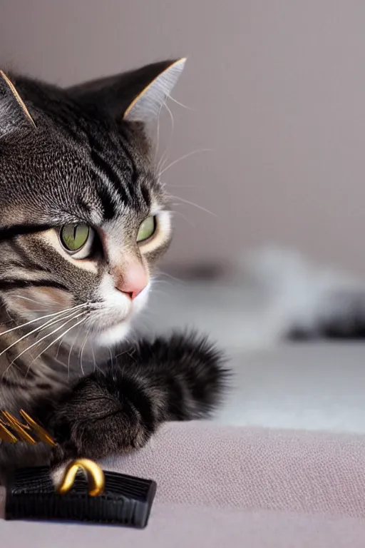 Prompt: a cat staring at a hairclip in a fluffy bed, photorealistic, 1 4 k hd quality, highly detailed, vibrant, more coherent, super high quality, hyper realistic