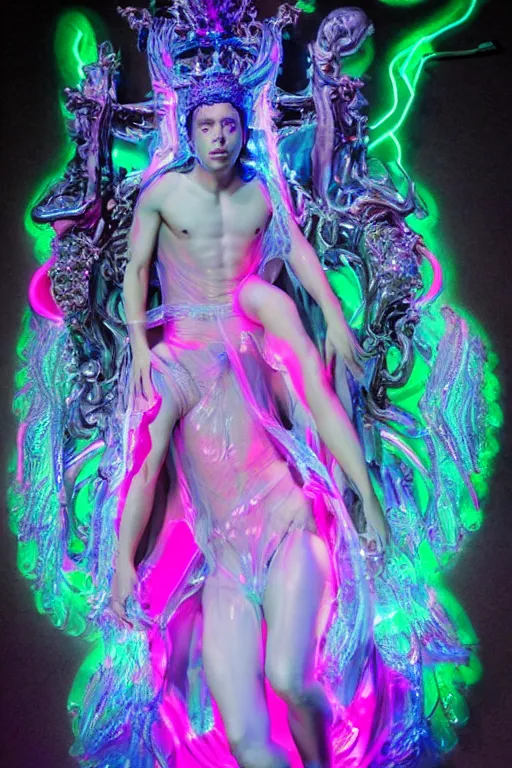Image similar to full-body rococo and cyberpunk delicate neon crystalline sculpture of (((muscular slender Nick Jonas))) as an iridescent humanoid deity wearing a thin see-through ((plastic hooded cloak)) sim roupa, reclining con (las piernas abiertas), glowing pink face, crown of (((white lasers))), large diamonds, swirling black silk fabric. futuristic elements. oozing glowing liquid, full-length view. space robots. (((human skulls))). throne made of bones, intricate artwork by caravaggio. Trending on artstation, octane render, cinematic lighting from the right, hyper realism, octane render, 8k, depth of field, 3D