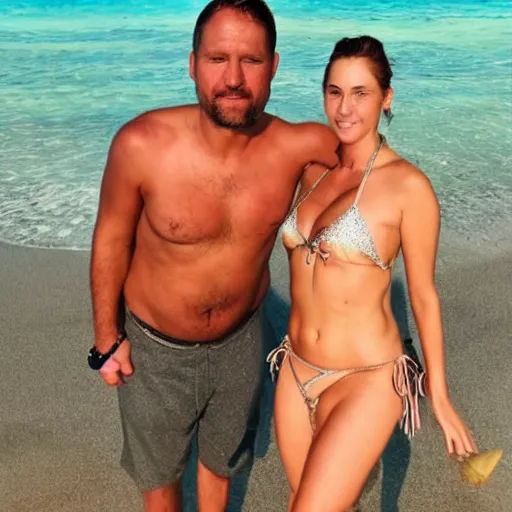 Prompt: photo of a 4 0 year old man that looks young for his age dating a very attractive 2 q year old woman wearing a bikini. they are ready to go to sleep