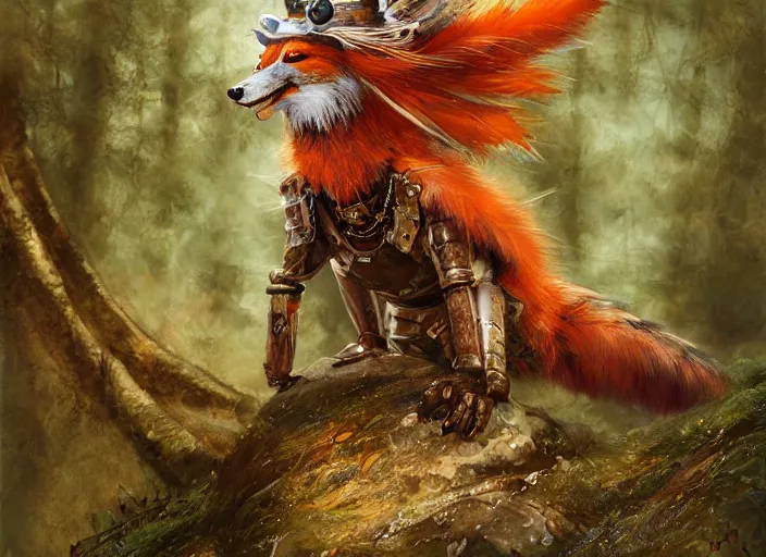 Prompt: ashigaru steampunk - inspired feathered anthropomorphic fox, colorful plumage, lacquered armor, cute but determined, hard focus, art station, by jessica rossier and brian froud, cinematic fantasy painting, orange grey white, in a woodland glade