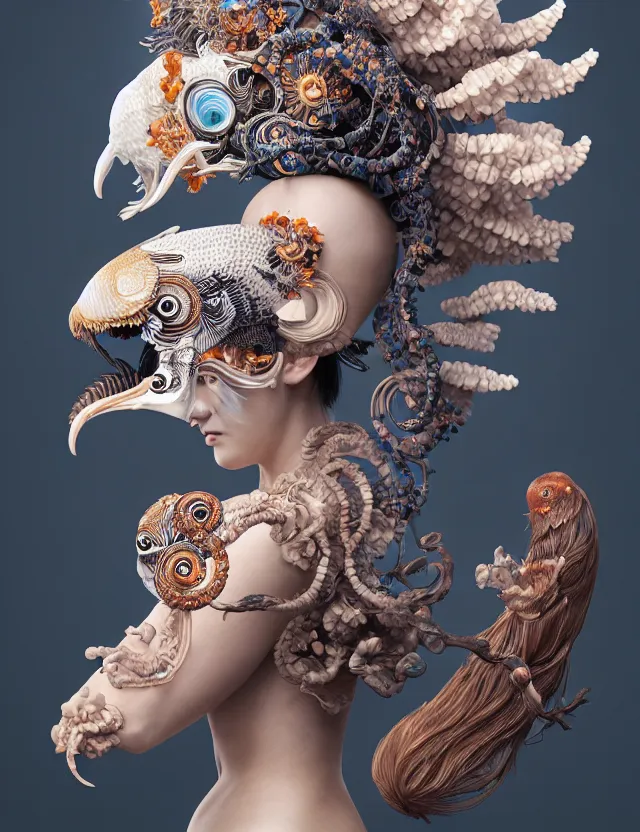 Image similar to 3 d goddess half - turn portrait with ram skull. beautiful intricately detailed japanese crow kitsune mask and clasical japanese kimono. betta fish, jellyfish phoenix, bio luminescent, plasma, ice, water, wind, creature, artwork by tooth wu and wlop and beeple and greg rutkowski