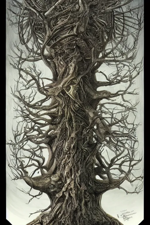 Image similar to Yggdrasil the tree of life by H R Giger and Tove Janssen, trending on artstation