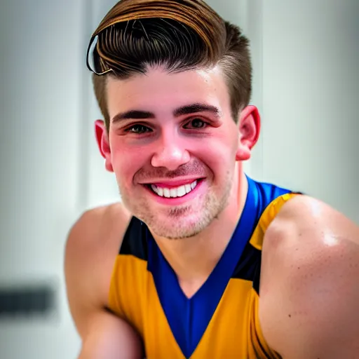 Prompt: a photographic portrait of a young Caucasian man smiling with short brown hair that sticks up in the front, blue eyes, groomed eyebrows, tapered hairline, sharp jawline, wearing a volleyball jersey, sigma 85mm f/1.4, 15mm, 35mm, 4k, high resolution, 4k, 8k, hd, full color