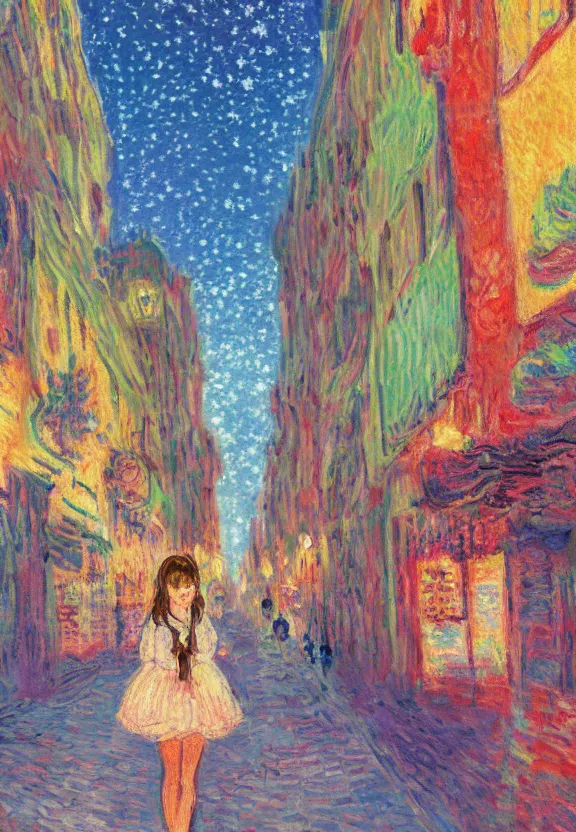 Prompt: wide angle portrait of a teenage girl, a thrifty outfit, very anime in impressionist style, city street view background, starlit night sky, trending artwork, anime painter studio, by claude monet