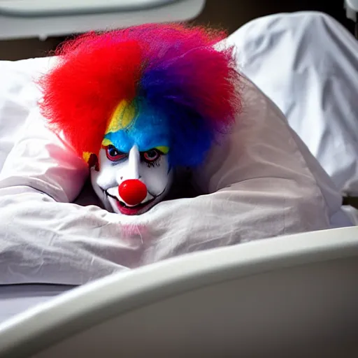 Prompt: crazy clown in hospital bed with wrist restraints on, restraints have fabric straps attached to hospital bed, photograph, 8 k