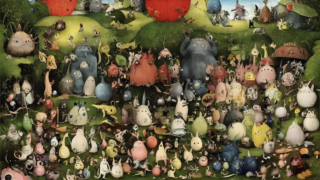 Image similar to garden of earthly delights by studio ghibli. totoro. digital painting. digital render. hieronymus bosch