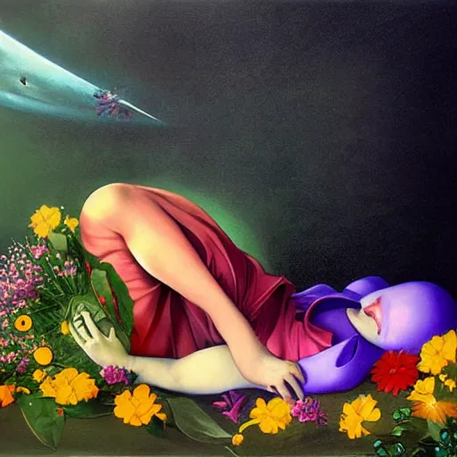 Image similar to beautiful painting of a cute alien sleeping laying in colorful flowers. sci fi concept art by caravaggio