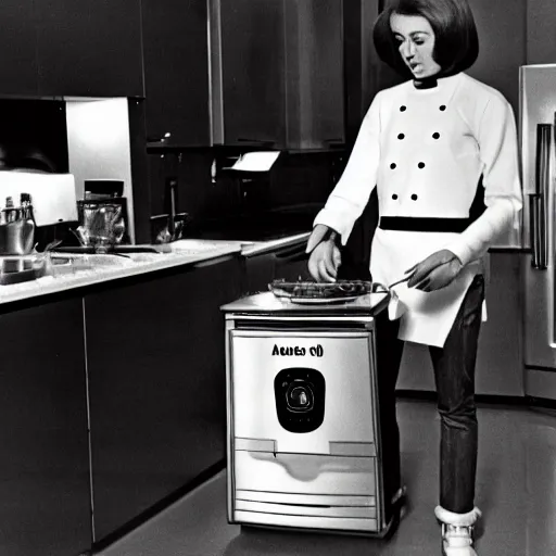 Image similar to a robot cooking in the kitchen in 1 9 7 4