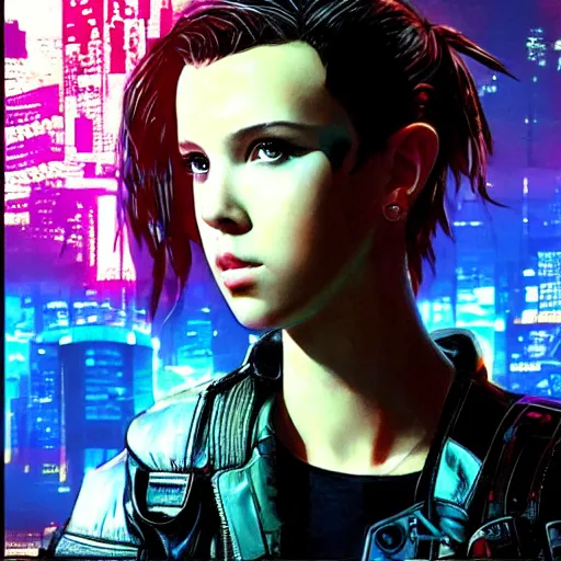 Prompt: Cyberpunk Millie Bobby Brown by Yoji Shinkawa