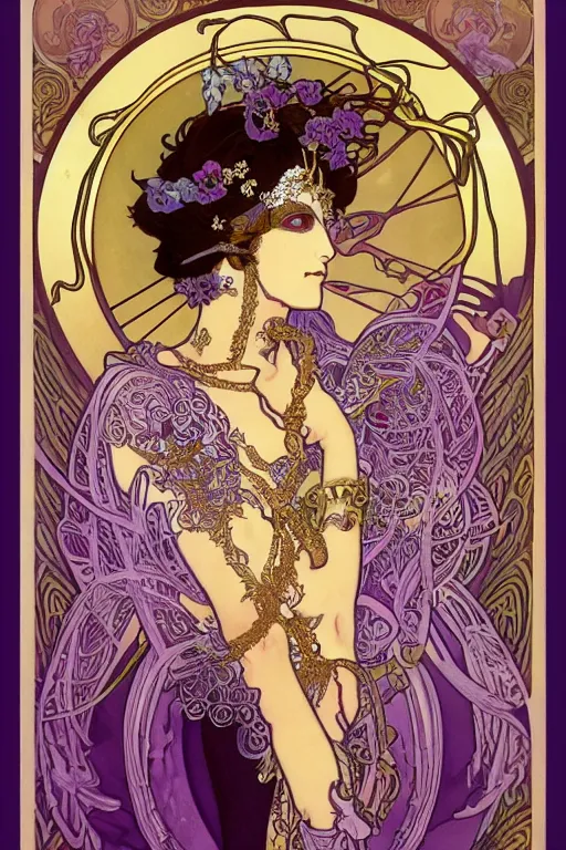 Prompt: thanatos, beautiful male god of death, closed eyes, long hair, wearing ornate silk and lace clothes, gold jewelry, moon, purple feathers, by Alphonse Mucha, rule of thirds, super detailed, 4k, sharp focus, illustration