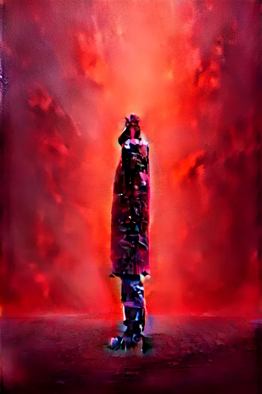 Image similar to a painting of a person standing in the snow, blizzard, a surrealist painting by zdzisław beksinski and by alena aenami, deviantart, nuclear art, dystopian art, apocalypse landscape, red color scheme, surrealist