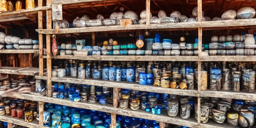 Image similar to extreme close - up of half empty shelves of a sundry shop at pulau indah fishing village, near a jetty, early morning, detailed matte painting, low angle view, telephoto lens, bokeh, studio ghibli, artstation