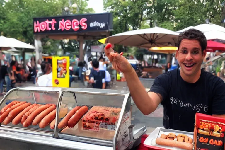 Prompt: a nerd selling hot dogs