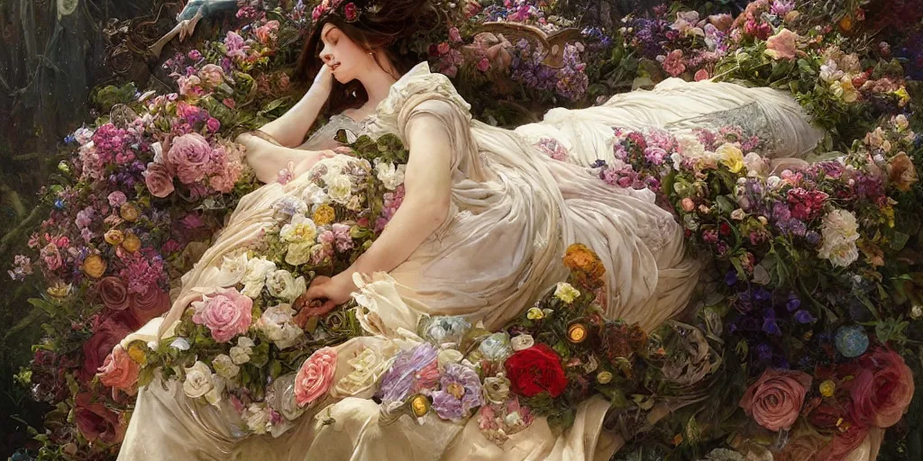 Image similar to an elaborate coffin with a mysterious sleeping beauty holding a large bouquet of flowing flowers,, fantasy, regal, intricate, by stanley artgerm lau, greg rutkowski, thomas kindkade, alphonse mucha, loish, norman rockwell