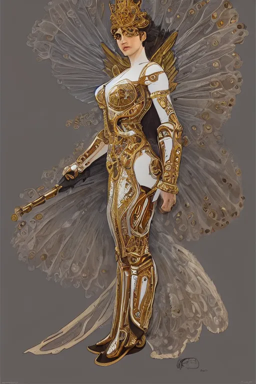 Image similar to full body portrait of a queen wearing white armor with ornate bronze and gold, white gossamer wings, art nouveau, profile, 4K, character concept art, digital painting, illustration, oil painting, trending in artstation, cgsociety, by nekro, Alphonse Mucha, Artgerm, Greg Rutkowski, Brom and Magali Villeneuve, William-Adolphe Bouguereau
