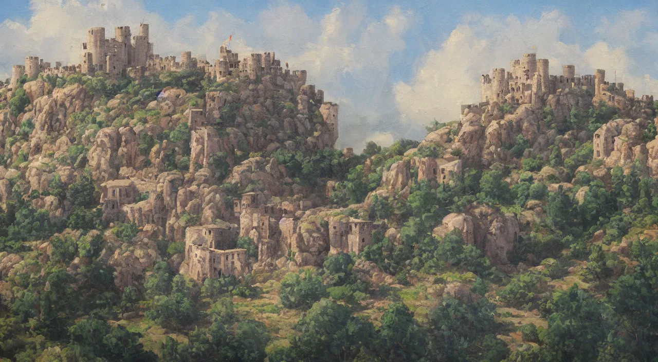 Image similar to a landscape painting of a byzantine castle, trending on artstation