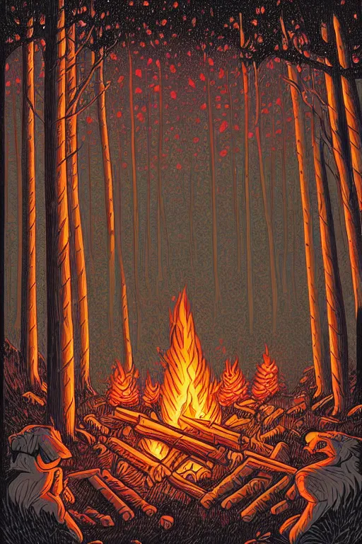 Prompt: A bonfire in the forest by Dan Mumford