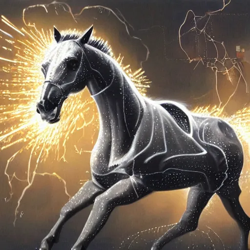 Prompt: a hyper realistic and detailed painting of a cybernetic horse leaving sparks on lighting in it's trails