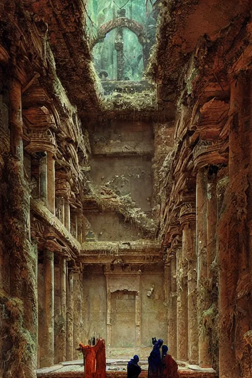 Image similar to looking up at ancient babylonian temple ruins interior, broken statues, moss, intricate, elegant, vivid colors, highly detailed, john park, frazetta, sparth, ruan jia, jeffrey catherine jones