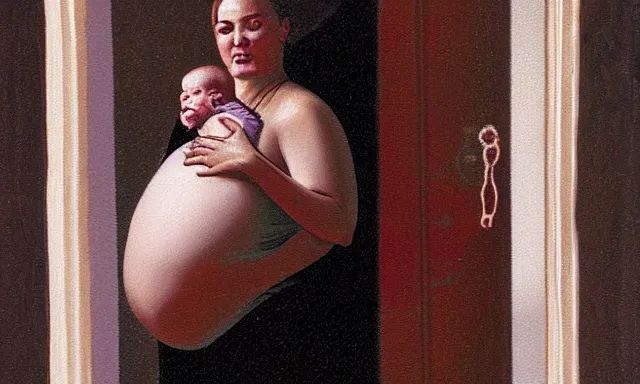 Image similar to pregnant woman in a doorway holding a flesh monstrosity like a baby fantasy painting