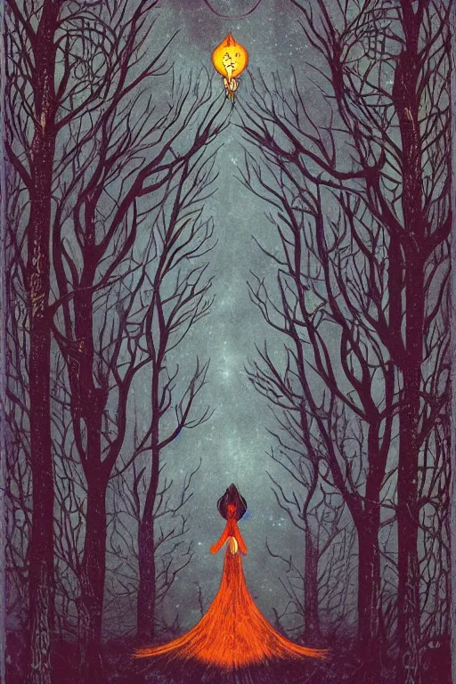 Image similar to tarot card, haunted woods, Art nouveau, by andy kehoe