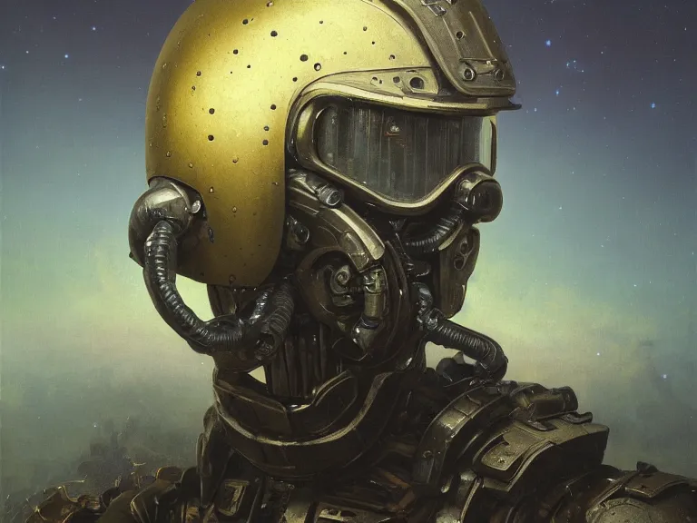 Prompt: a detailed profile oil painting of a humanoid soldier with reflective visor, flight suit, portrait symmetrical and science fiction dieselpunk theme with aurora lighting by beksinski carl spitzweg and tuomas korpi. baroque elements, full-length view. baroque element. intricate artwork by caravaggio. Trending on artstation. 8k