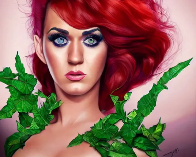 Image similar to hyper - realistic digital art, katy perry as a poison ivy, intense fan art, perfectly detailed, perfect human figure, comic book cover art, sharp, smooth, ultra fine detail, art by artgerm, wlop, rutkowski