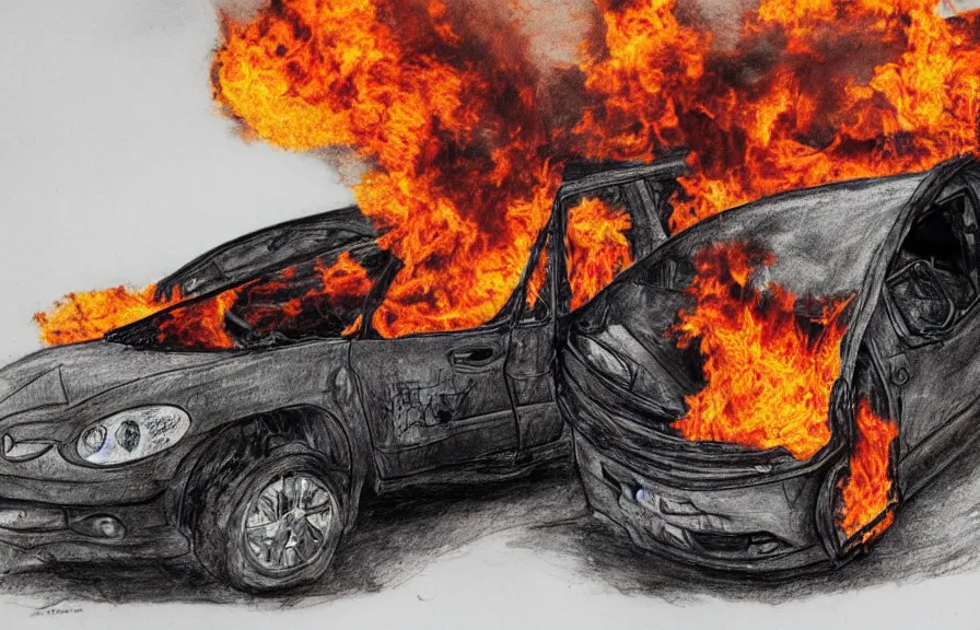 Prompt: car on fire, children drawing