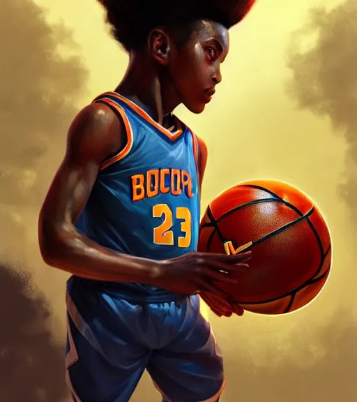 Prompt: portrait of a boy at a basketball court playing basketball wearing a basketball uniform, intricate, elegant, highly detailed, centered, digital painting, artstation, concept art, smooth, sharp focus, illustration, by Peter Mohrbacher, WLOP